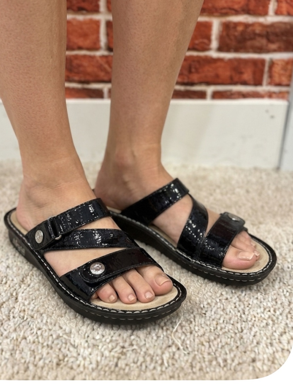 Alegria Black Patent Slide Sandals with Buckle Detail size 36-37